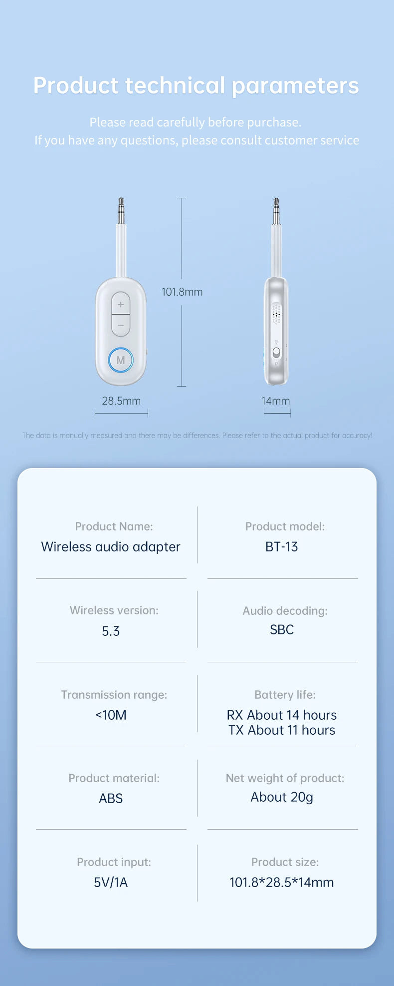 Wireless Bluetooth adapter compatible with 3.5mm AUX and USB-C devices