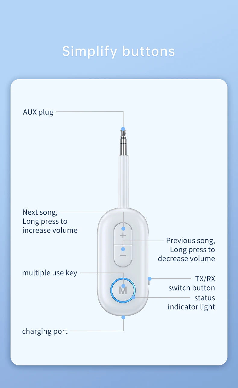 Bluetooth 5.3 audio adapter with built-in HD microphone for hands-free calls
